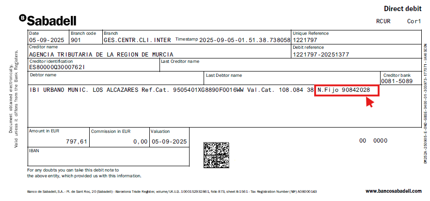 IBI bank statement, Murcia Tax Office