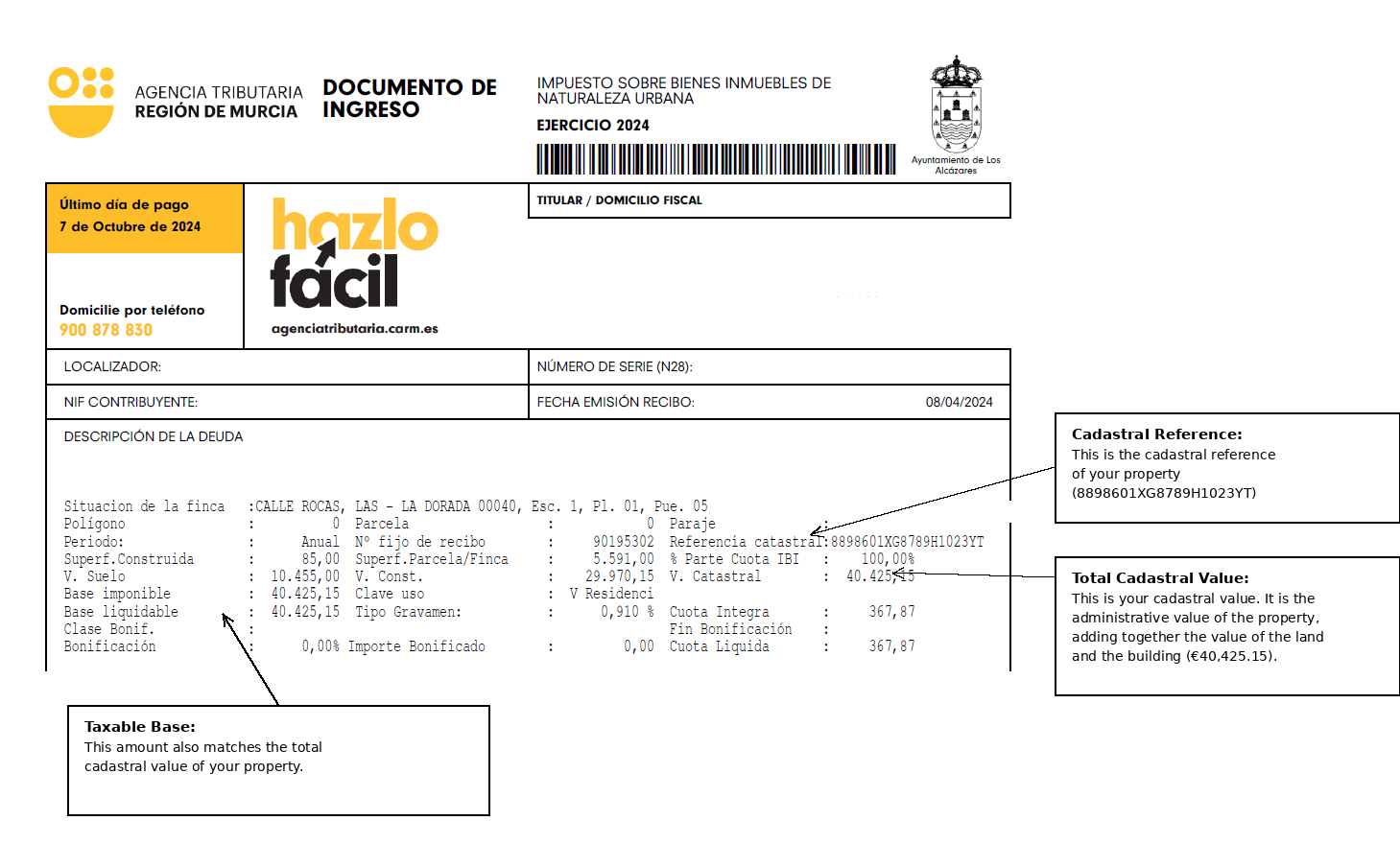 Property Tax (IBI) receipt from the Murcia Tax Office