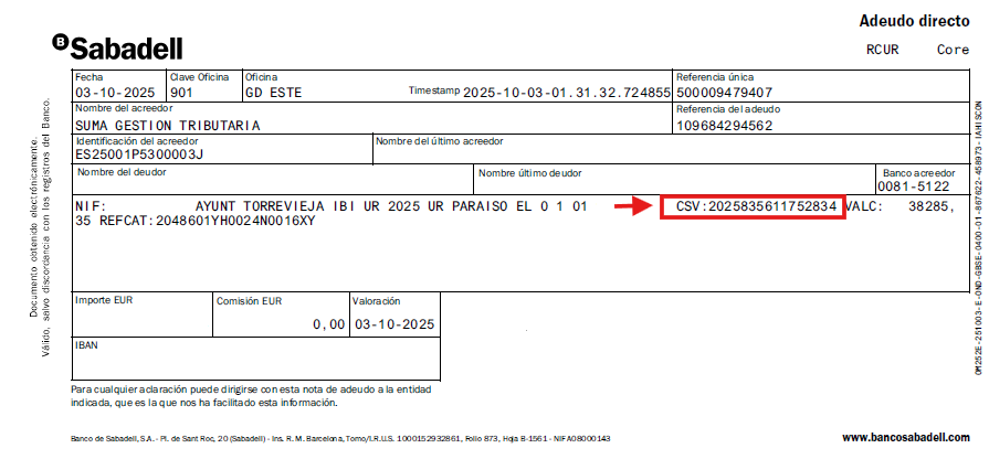 Localiza el codigo CSV en tu extracto bancario del pago del IBI