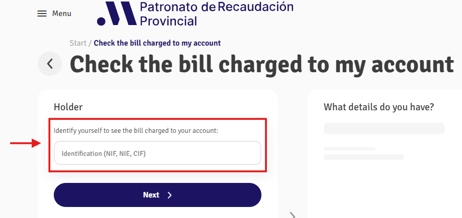 Enter the NIE of the person shown as the bill holder
